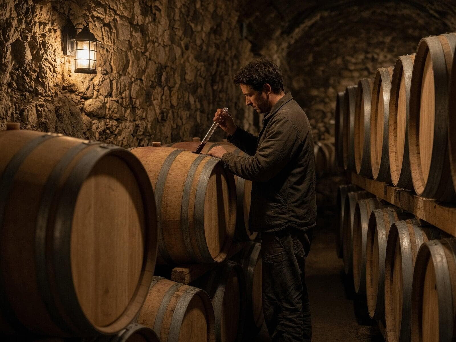 Checking wine from oak barrels in the cellar