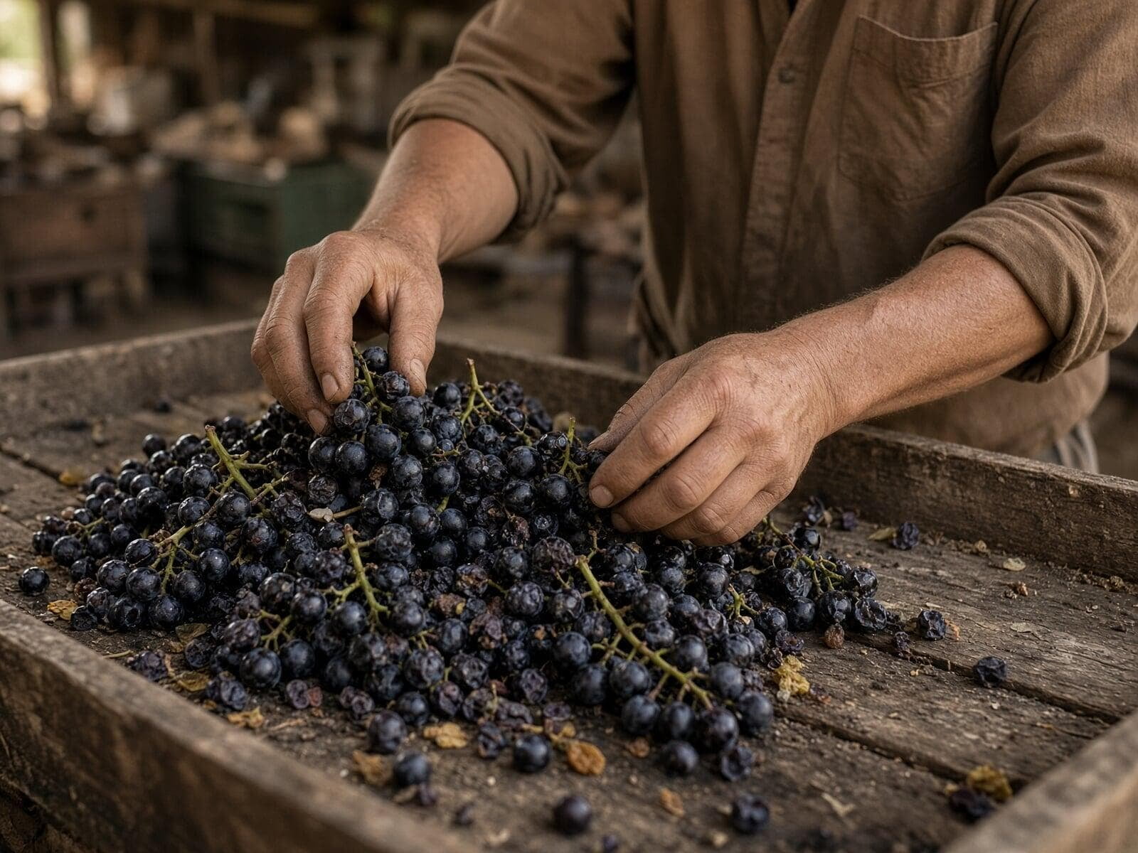 Hands sorting freshly picked grapes at harvest