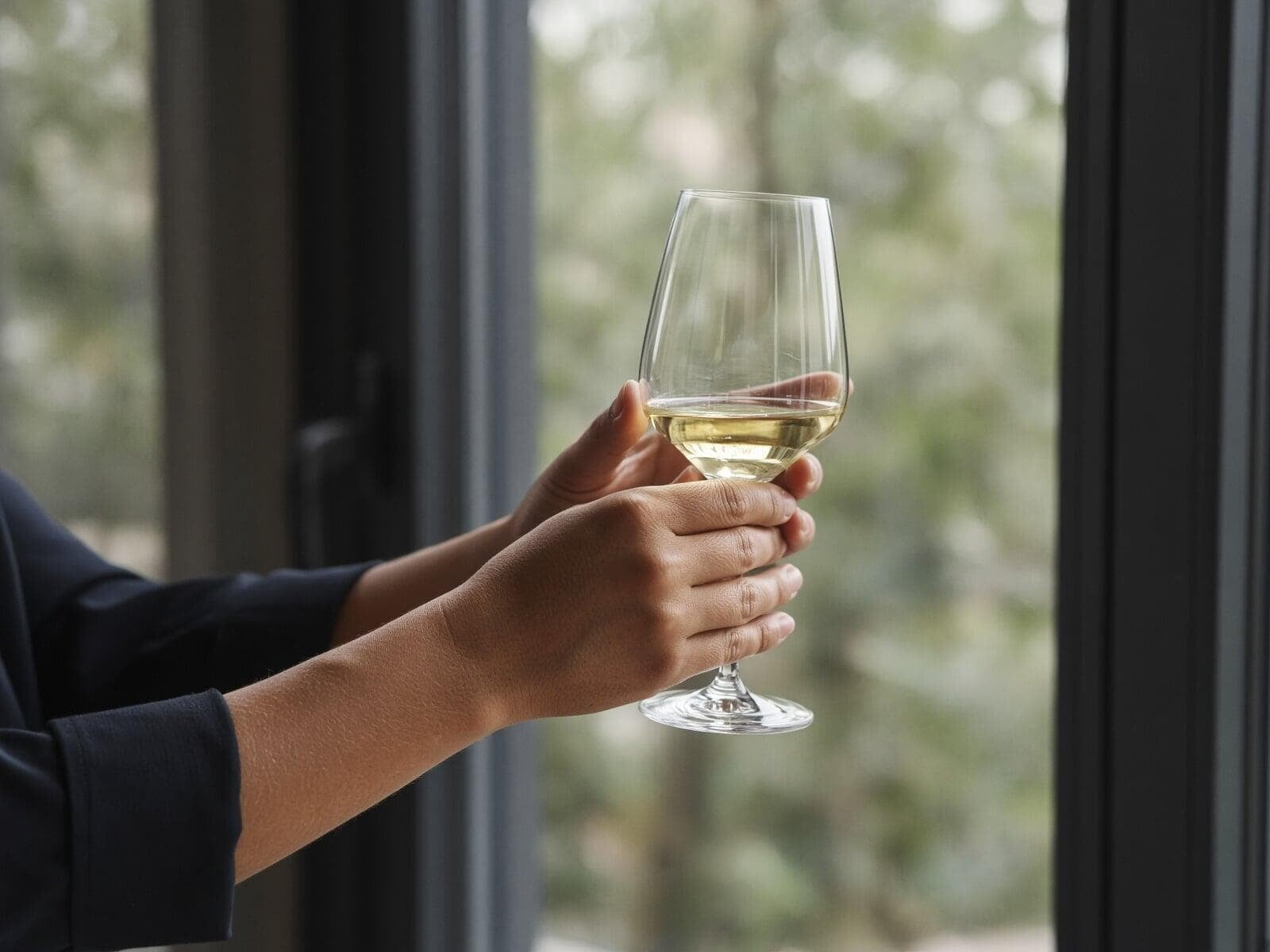 A tasting glass of white wine held to the window